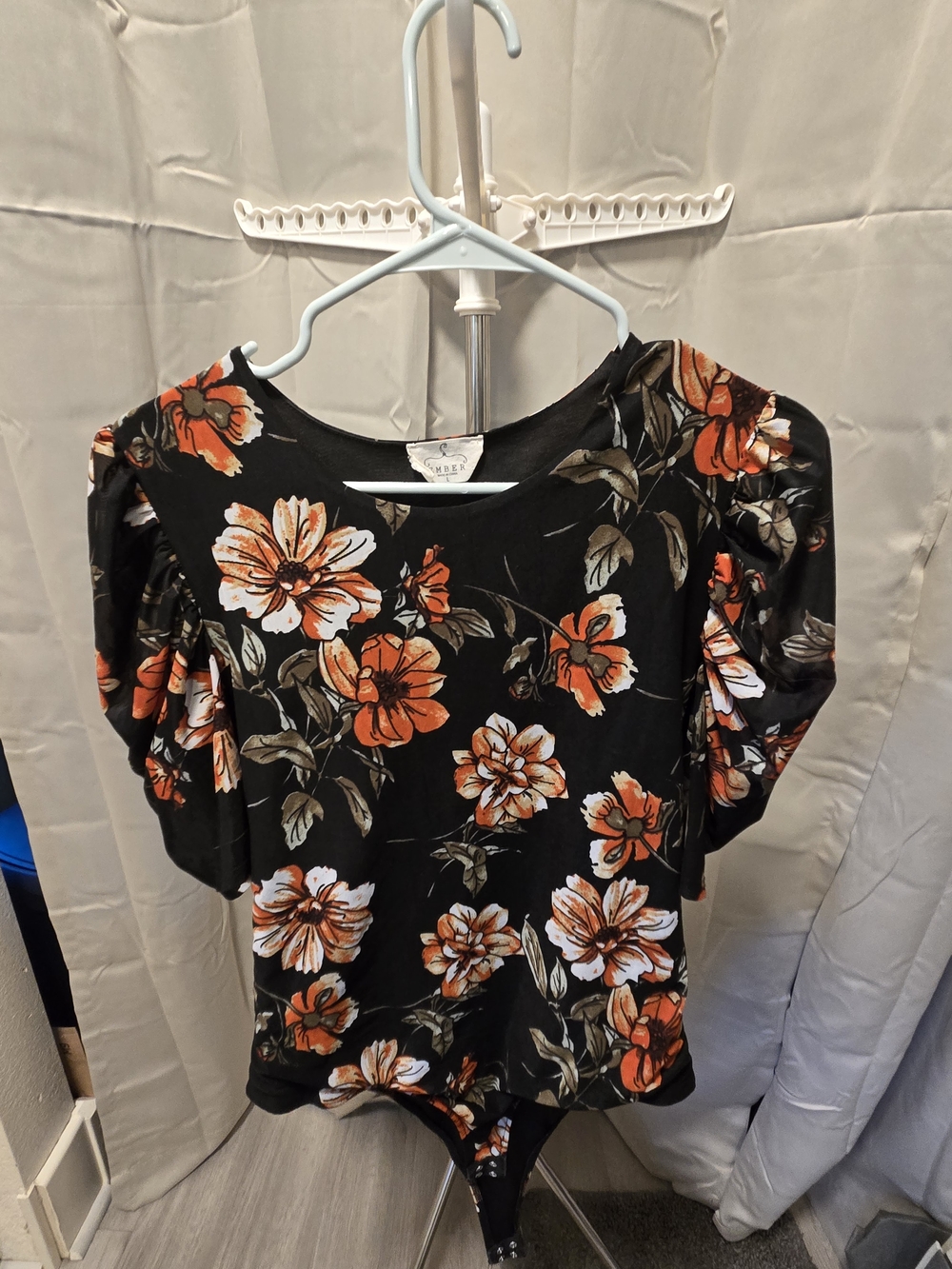 Ember Floral Puff-Sleeve Bodysuit - Black with Orange Floral